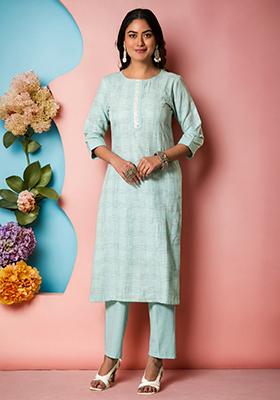 Blue Embroidered Cotton Kurta Set