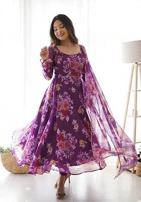 Purple Printed Georgette Anarkali Set