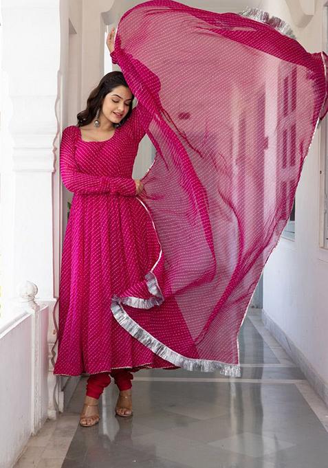 Pink Printed Georgette Anarkali Set