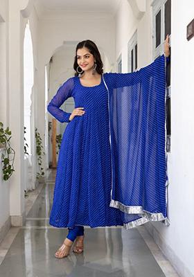 Blue Printed Georgette Anarkali Set