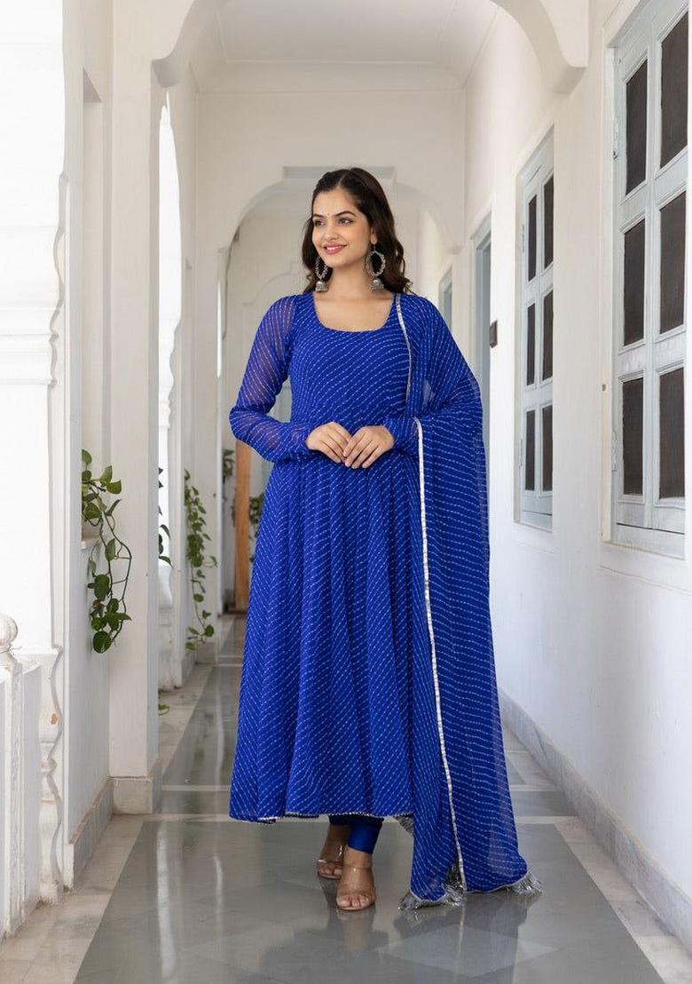 Blue Printed Georgette Anarkali Set - Indya