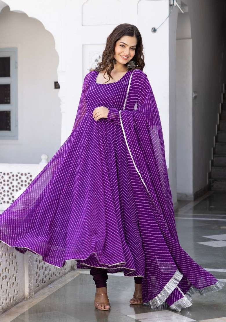Purple Striped Georgette Anarkali Set - Indya