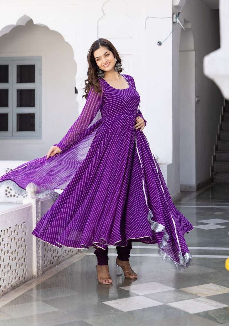 Purple Striped Georgette Anarkali Set - Indya