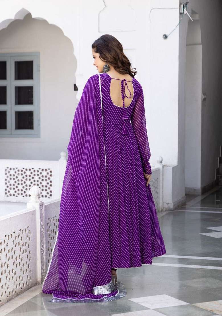 Purple Striped Georgette Anarkali Set - Indya