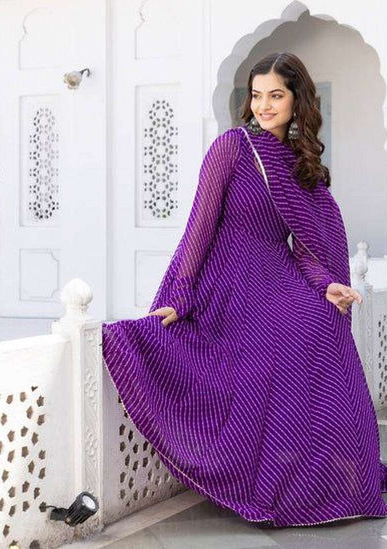 Purple Striped Georgette Anarkali Set - Indya