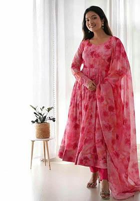Pink Printed Georgette Anarkali Set