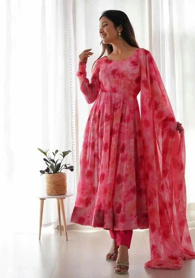 Pink Printed Georgette Anarkali Set