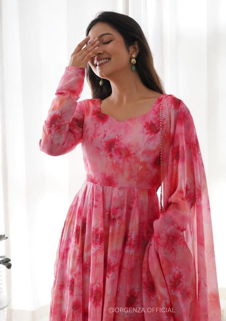 Pink Printed Georgette Anarkali Set