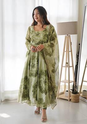 Green Printed Georgette Anarkali Set