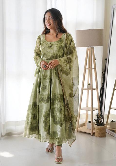 Green Printed Georgette Anarkali Set