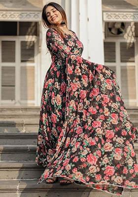 Black Printed Georgette Anarkali Set