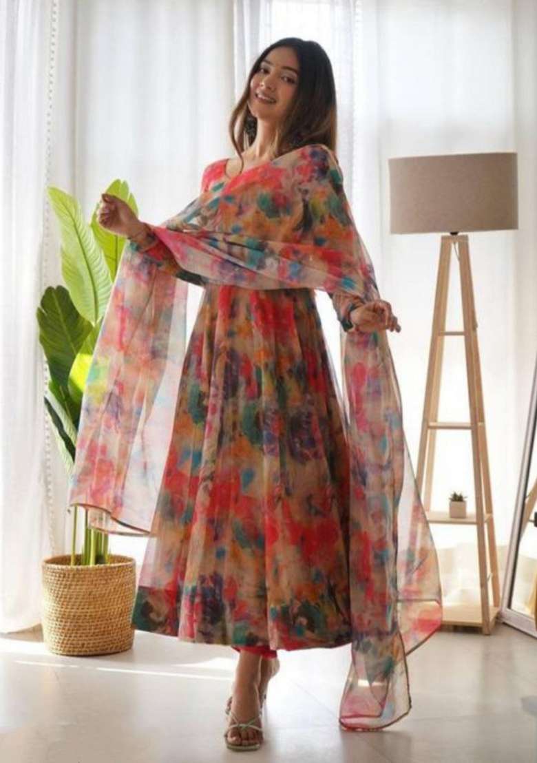 Red Printed Georgette Anarkali With Dupatta - Indya