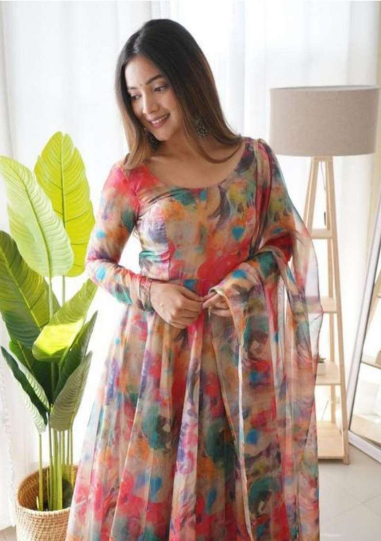 Red Printed Georgette Anarkali With Dupatta - Indya