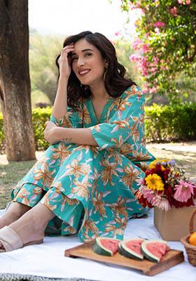 Rama Green Printed Rayon Kurta Set
