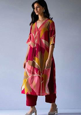 Maroon Printed Rayon Kurta Set