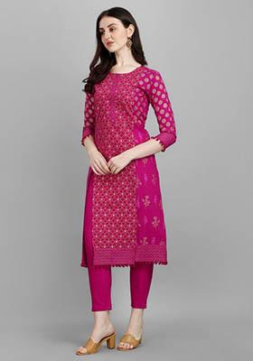 Rani Pink Printed Cotton Kurta Set