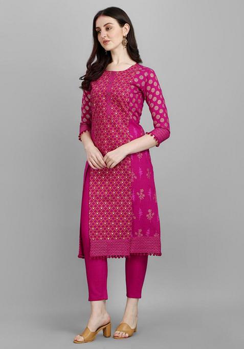 Rani Pink Printed Cotton Kurta Set