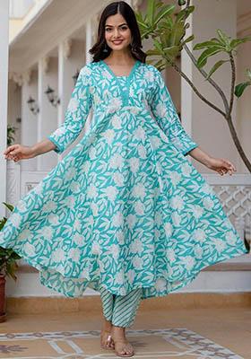 Sky Blue Printed Rayon Kurta Set