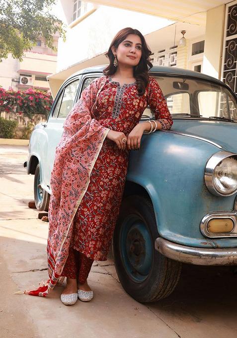 Maroon Printed Rayon Kurta Set
