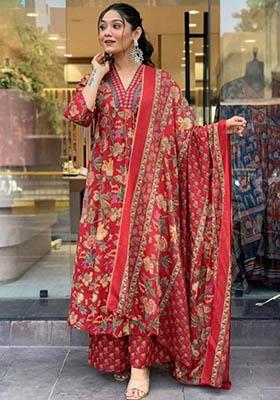 Maroon Printed Rayon Kurta Set