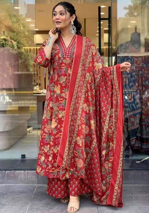 Maroon Printed Rayon Kurta Set