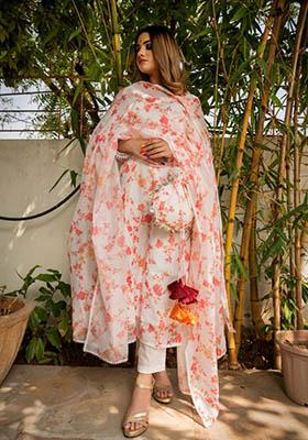 White Printed Chanderi Kurta Set