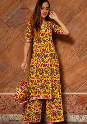Mustard Yellow Printed Rayon Kurta Set