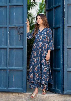 Blue Printed Rayon Kurta Set