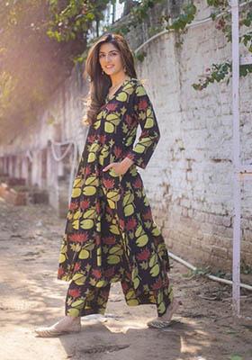 Black Printed Rayon Kurta Set