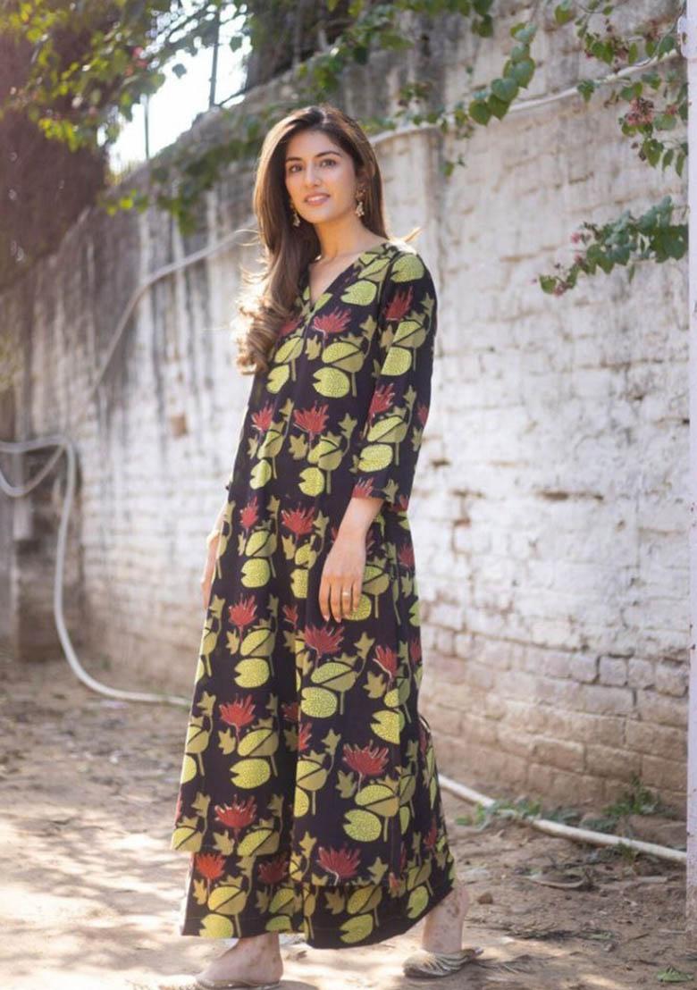 Black Printed Rayon Kurta Set - Indya