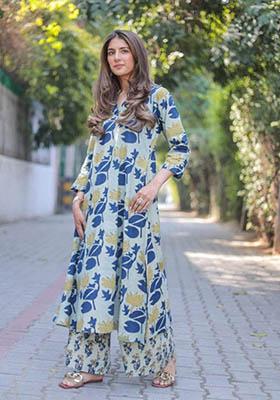 Blue Printed Rayon Kurta Set