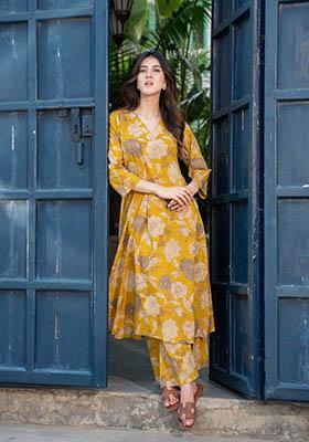 Yellow Printed Rayon Kurta Set