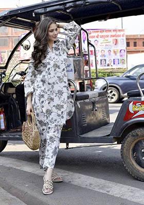 White Printed Rayon Kurta Set