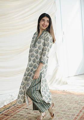 White Printed Rayon Kurta Set