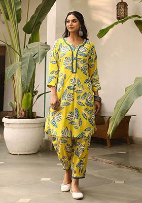 Yellow Printed Rayon Kurta Set