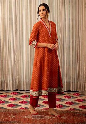 Orange Printed Rayon A Line Kurta Set