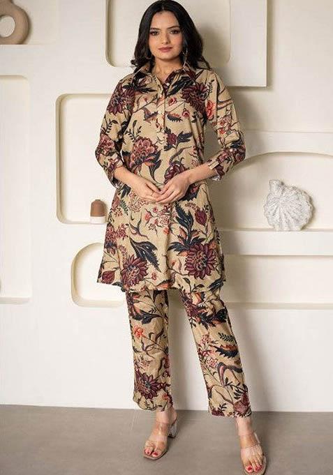 Beige Printed Rayon Kurta Set