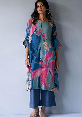 Blue Printed Rayon Kurta Set