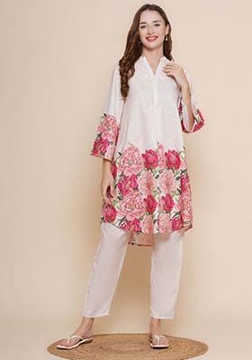 White Printed Rayon Kurta Set