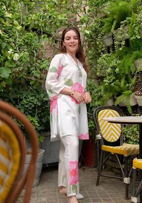 White Printed Rayon Kurta Set