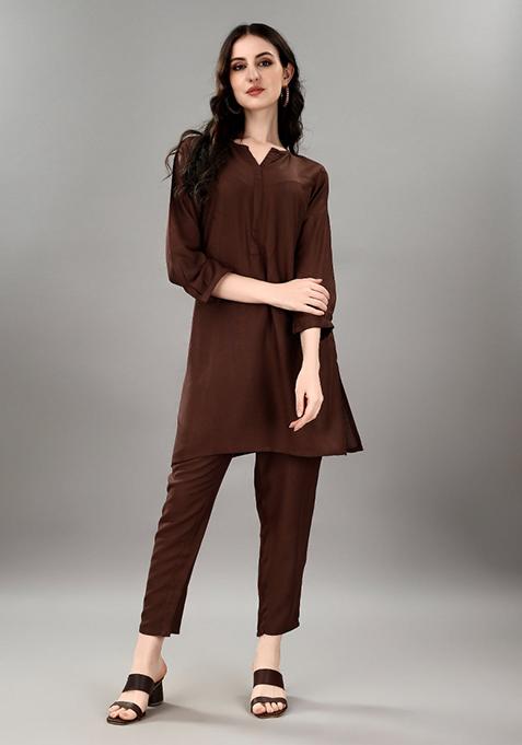 Brown Solid Rayon Kurta Set