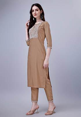 Brown Embroidered Silk Kurta Set