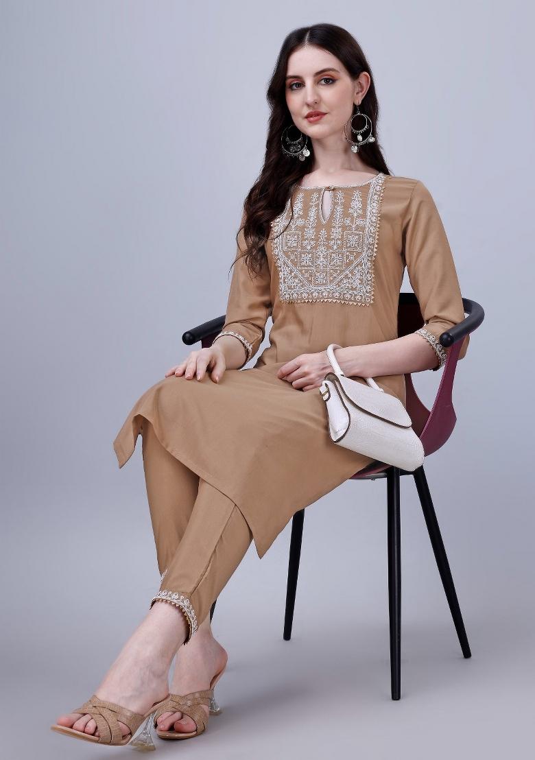 Brown Embroidered Silk Kurta Set - Indya