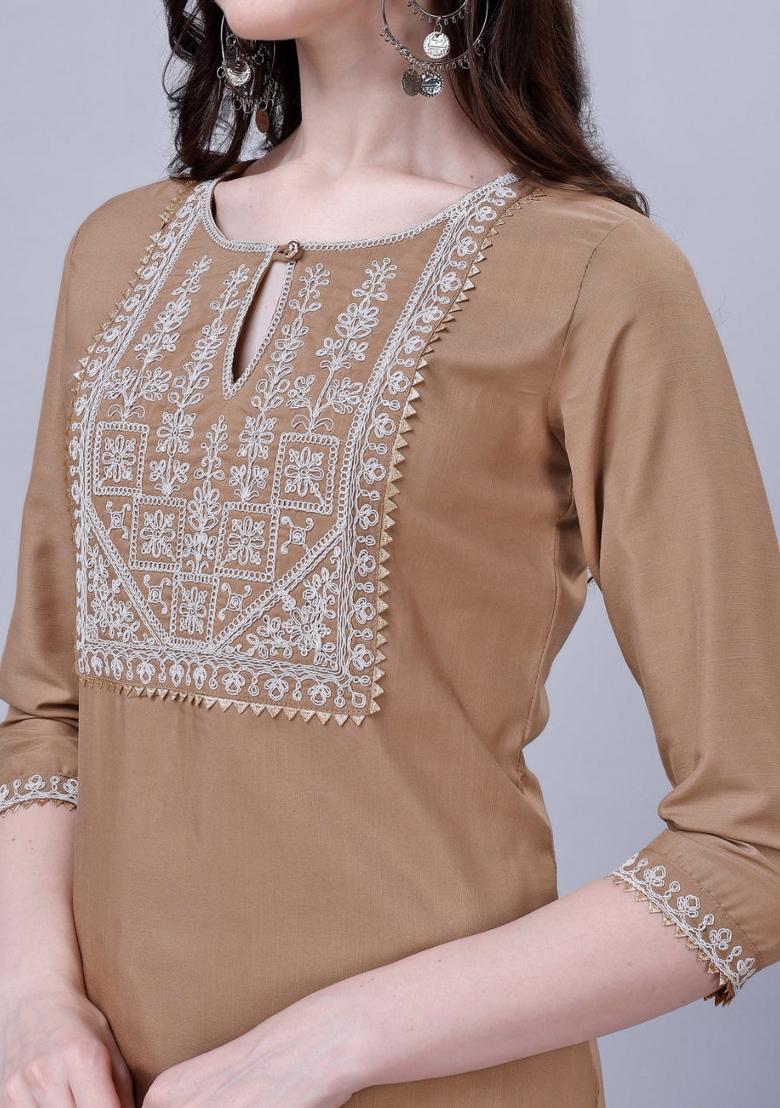 Brown Embroidered Silk Kurta Set - Indya