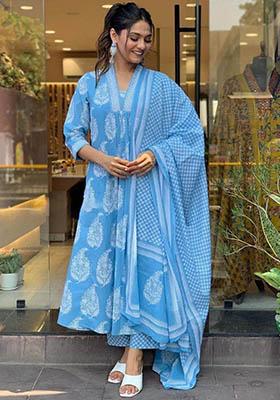 Blue Printed Rayon Kurta Set