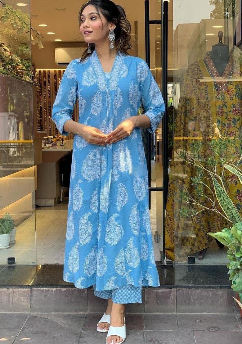 Blue Printed Rayon Kurta Set - Indya