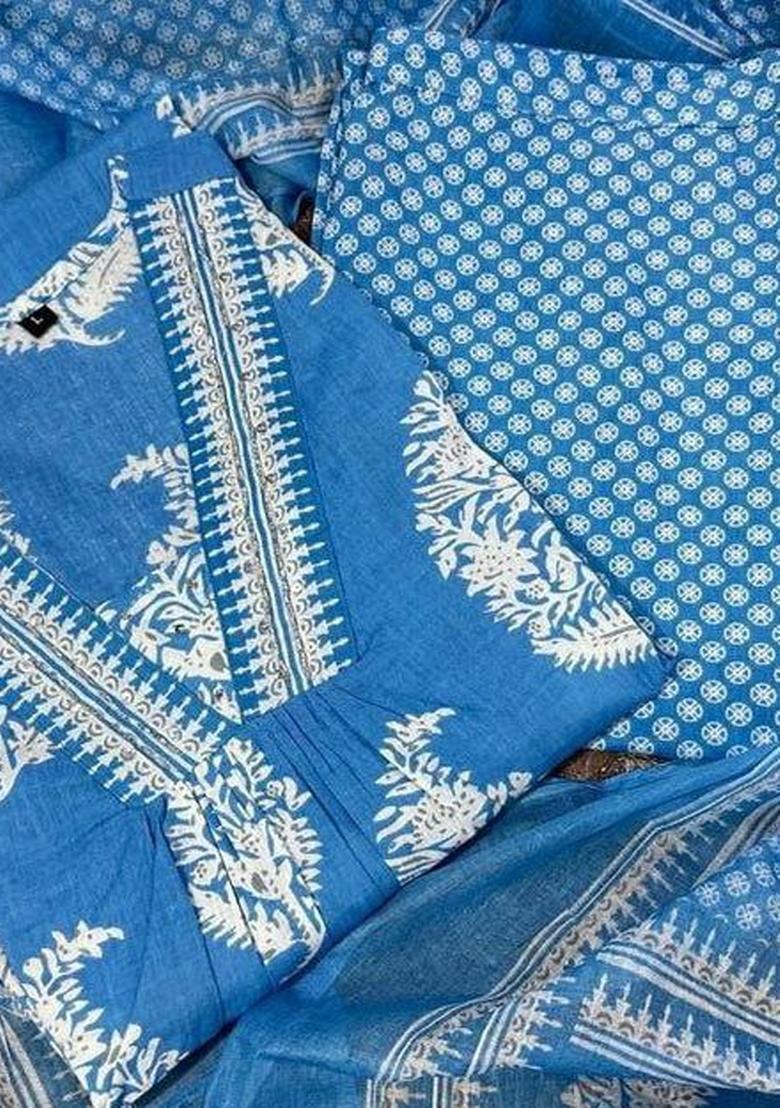 Blue Printed Rayon Kurta Set - Indya