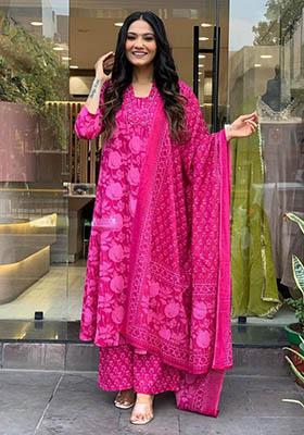 Pink Printed Rayon Kurta Set