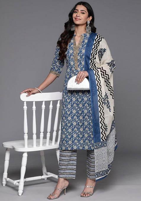 Blue Printed Rayon Kurta Set