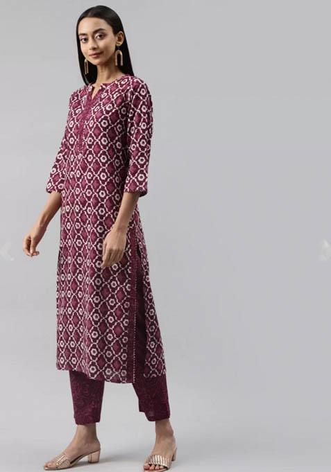 Purple Printed Rayon Kurta Set